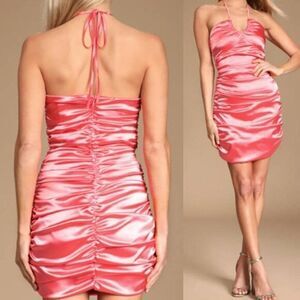 Lulus Women's Coral Satin Ruched‎ Halter Bodycon Mini Dress